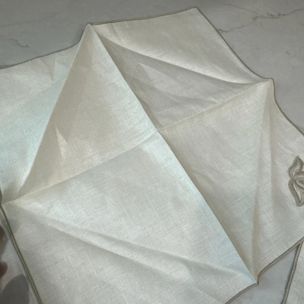 6 Vintage Linen Napkins Tone on Tone Embroidered Floral Tulip Farmhouse table